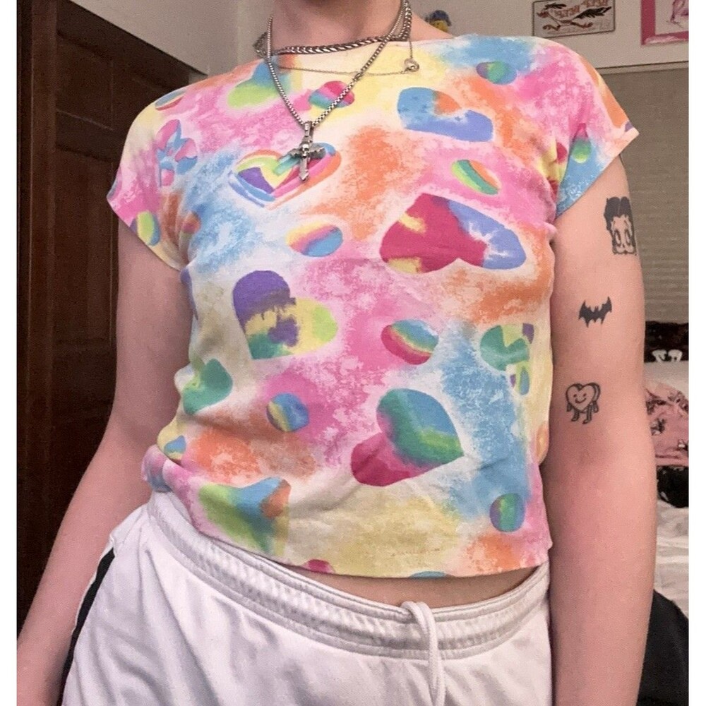VTG 80s/90s Handmade Hand Sewn T Shirt Heart Tie Dye Women M Top T Shirt Rainbow